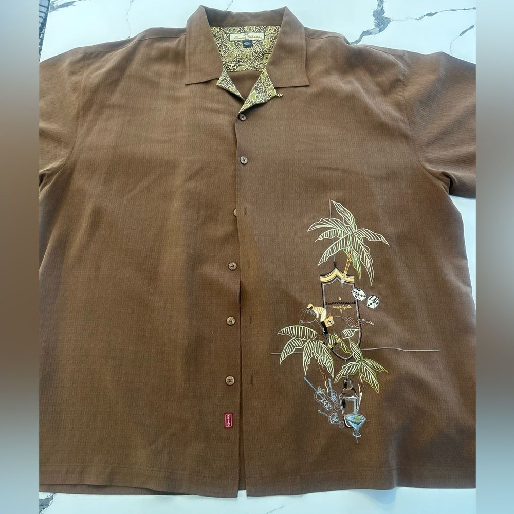 Tommy Bahama 100% Silk Brown Casual Button Down Shirt with Tropical Embroidery